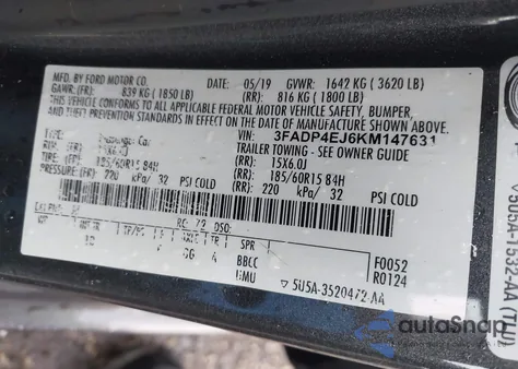 2019 Ford Fiesta Se из США, поврежденный, VIN 3FADP4EJ6KM147631